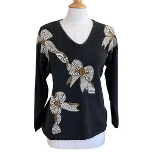 VTG Victoria Harbour Black Beaded V-Neck Holiday Sweater Gold Silver Bows M